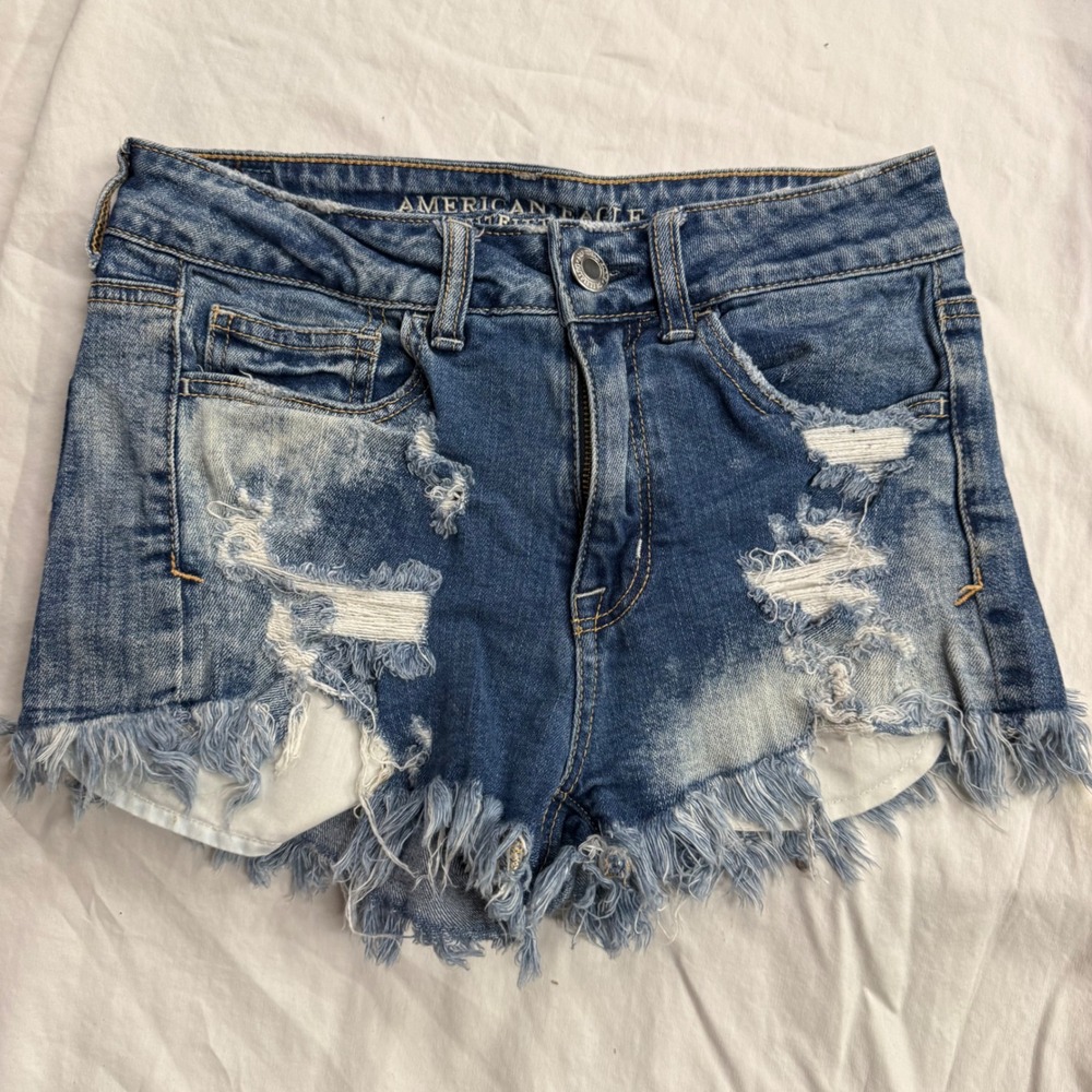 American Eagle Hi-Rise Shortie Distressed Denim Shorts Blue Size‎ 2 Stretch